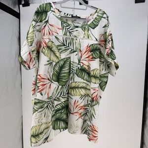 Anthropologie RD & KoKo Women 2X White Green‎ Tropical 100% Linen Boho Resort